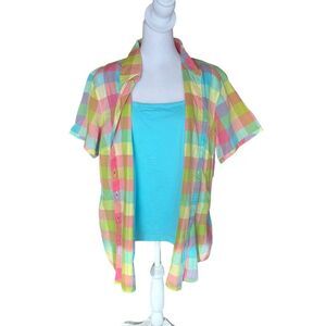 Dress Barn Plaid Cotton Short Sleeve Shirt Tank Set Pastel Spring Womens 2XL NEW